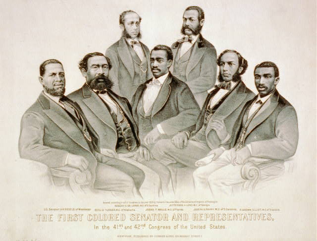 The first Black senator and representatives in the U.S. Congress, 1872 lithograph